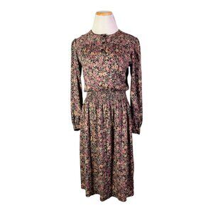 Vintage 80s Taurus II Size 8 Dark Floral Dress Smocked Waist Union Made